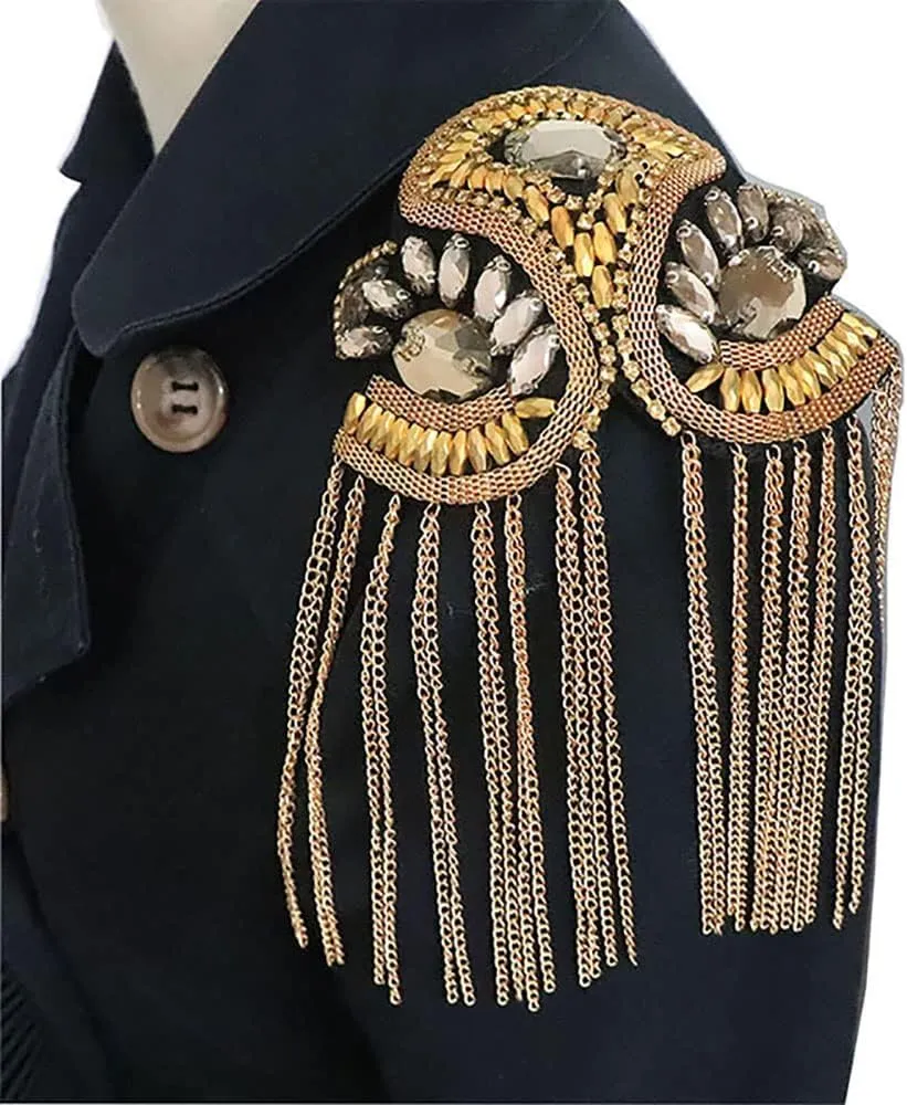 Women Children Shoulder Epaulet Crystal Beads Chain Shoulder Brooch Boards Badge Stage Dress Medal Accessories by The Pair