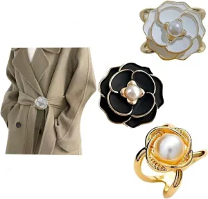 Women's Elegant Pearl Floral Scarf Ring Clip, Camellia Scarf Buckle Cloak Pin Shawl Clip 3PCS