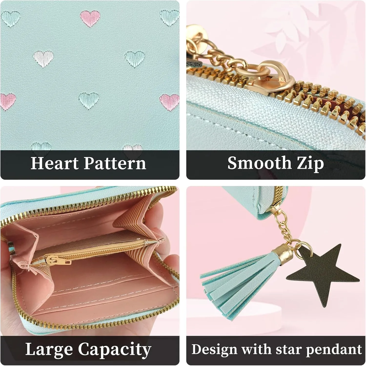 Womens Wallet with Zipper, PU Leather Women's Wallet with Card Slots, Credit Card Holder Small Wallet with Heart-embroidery Cute Wallet with Star Tassels Pendant (blue pink)