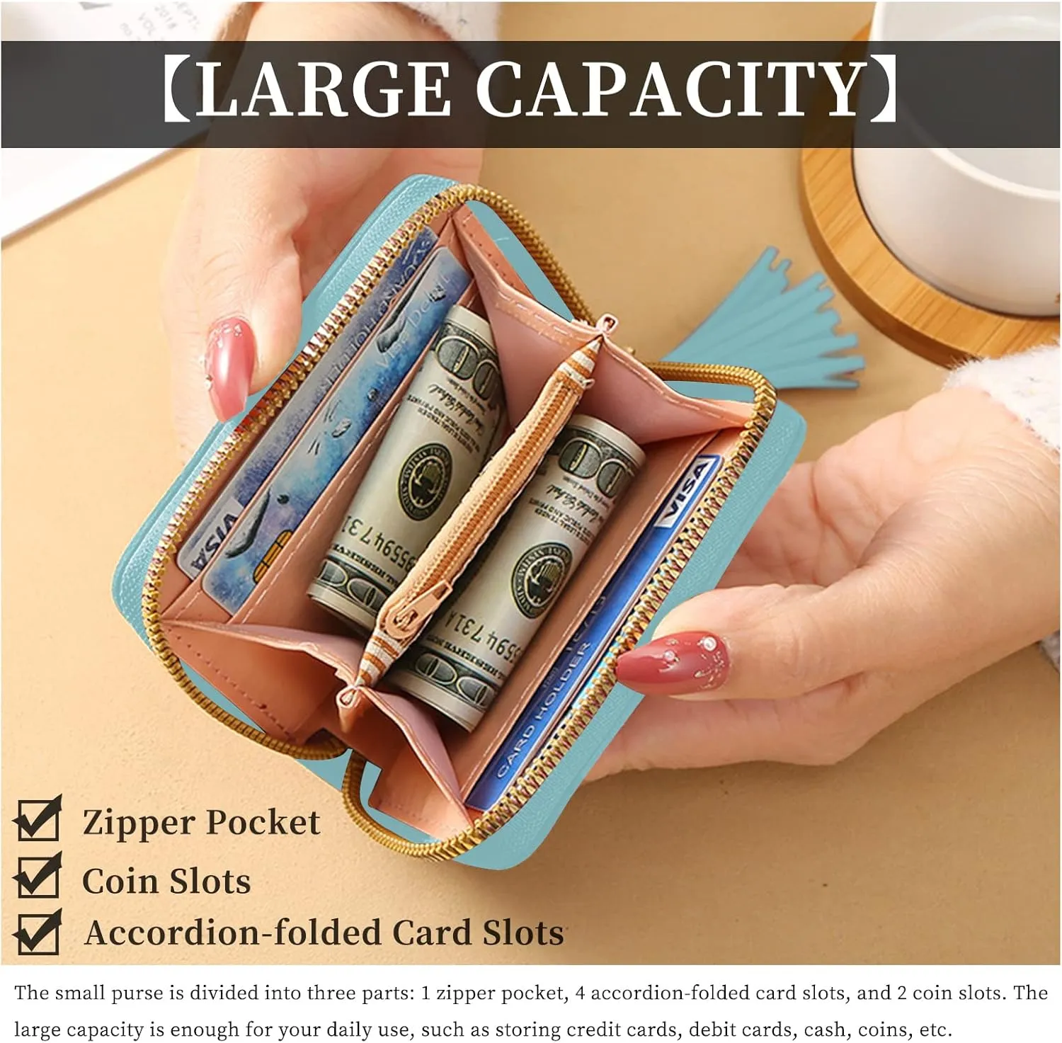 Womens Wallet with Zipper, PU Leather Women's Wallet with Card Slots, Credit Card Holder Small Wallet with Heart-embroidery Cute Wallet with Star Tassels Pendant (blue pink)