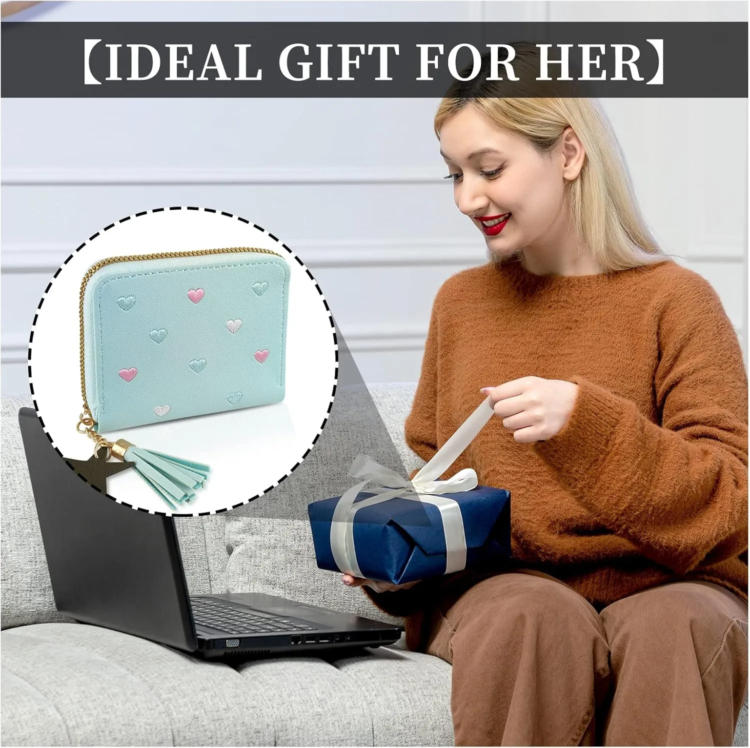 Womens Wallet with Zipper, PU Leather Women's Wallet with Card Slots, Credit Card Holder Small Wallet with Heart-embroidery Cute Wallet with Star Tassels Pendant (blue pink)
