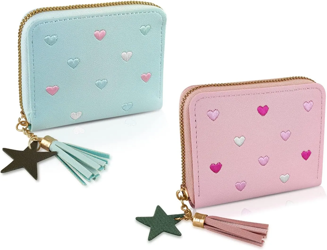 Womens Wallet with Zipper, PU Leather Women's Wallet with Card Slots, Credit Card Holder Small Wallet with Heart-embroidery Cute Wallet with Star Tassels Pendant (blue pink)