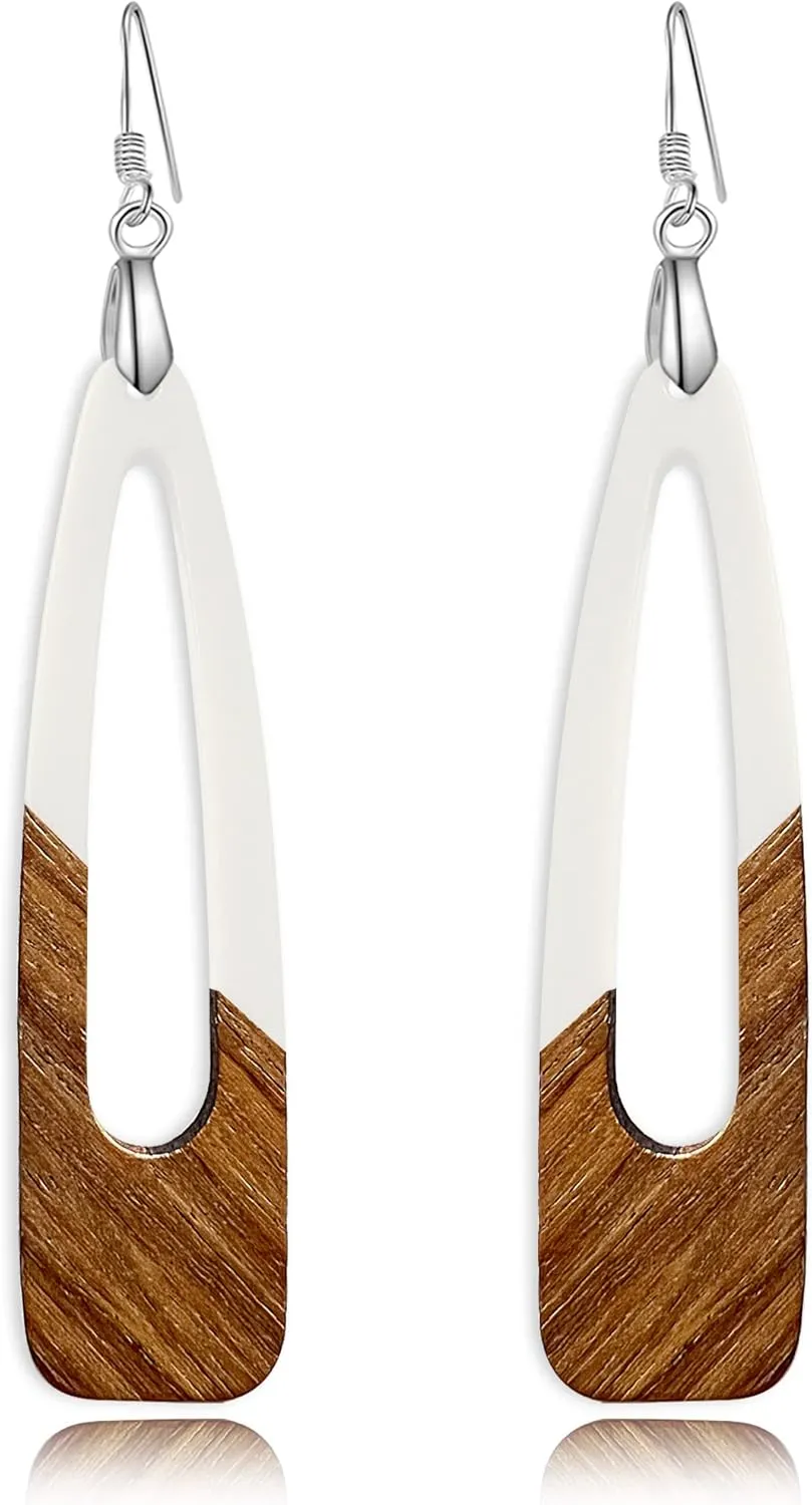 Wood Earrings for Women, Wooden Earrings Dangle Brown Black Round Geometric Simple Lightweight Resin Drop Statement Earrings