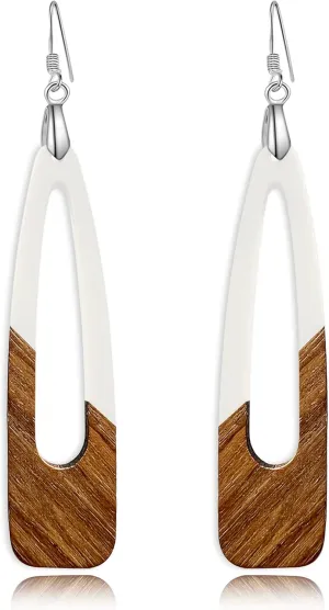 Wood Earrings for Women, Wooden Earrings Dangle Brown Black Round Geometric Simple Lightweight Resin Drop Statement Earrings