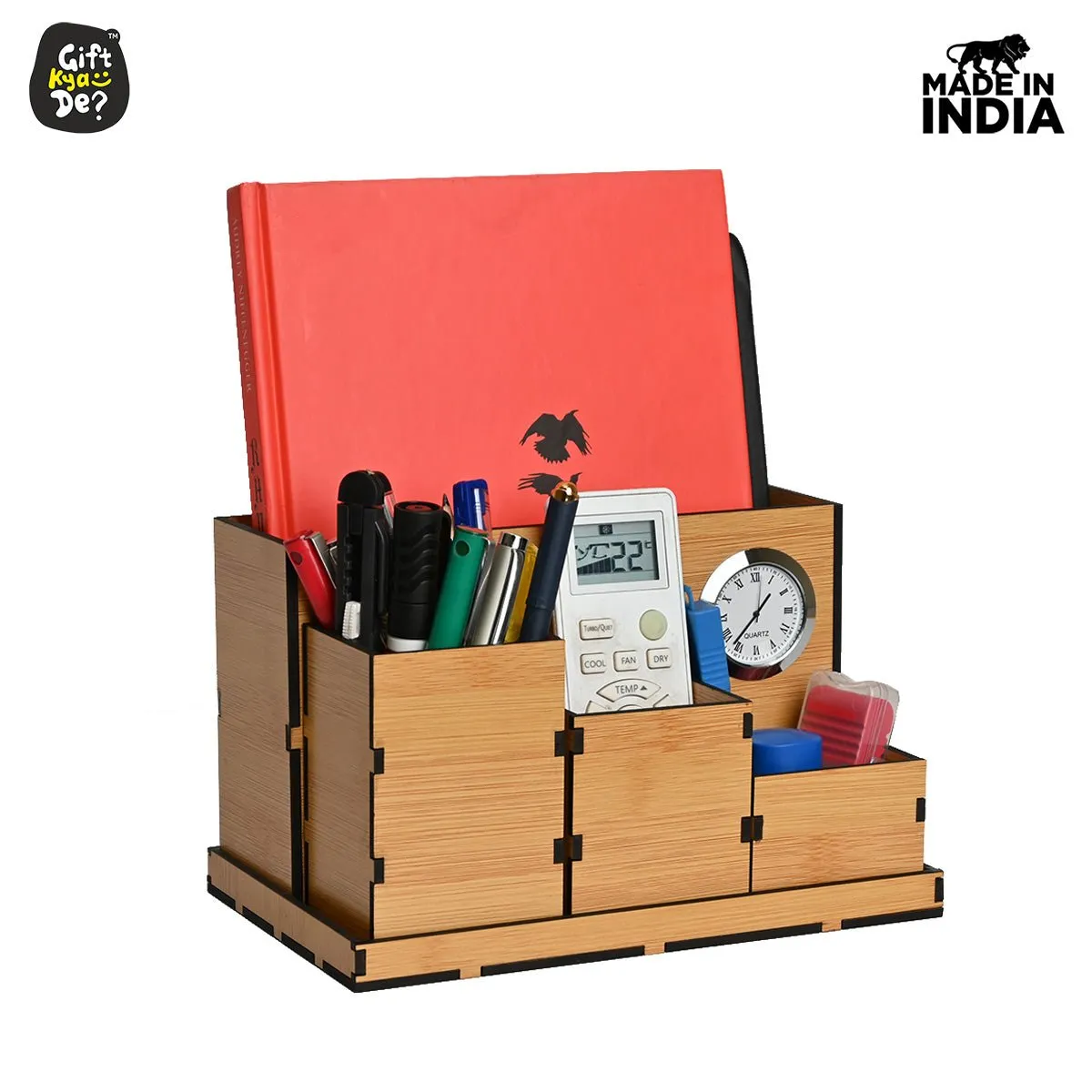 Wooden Multipurpose Desk Organizer | Table Clock | 4 Compartment Organizer