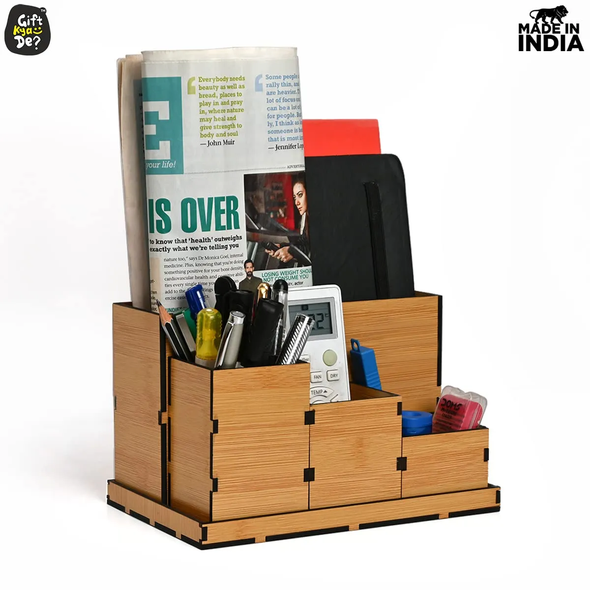 Wooden Multipurpose Desk Organizer | Table Clock | 4 Compartment Organizer