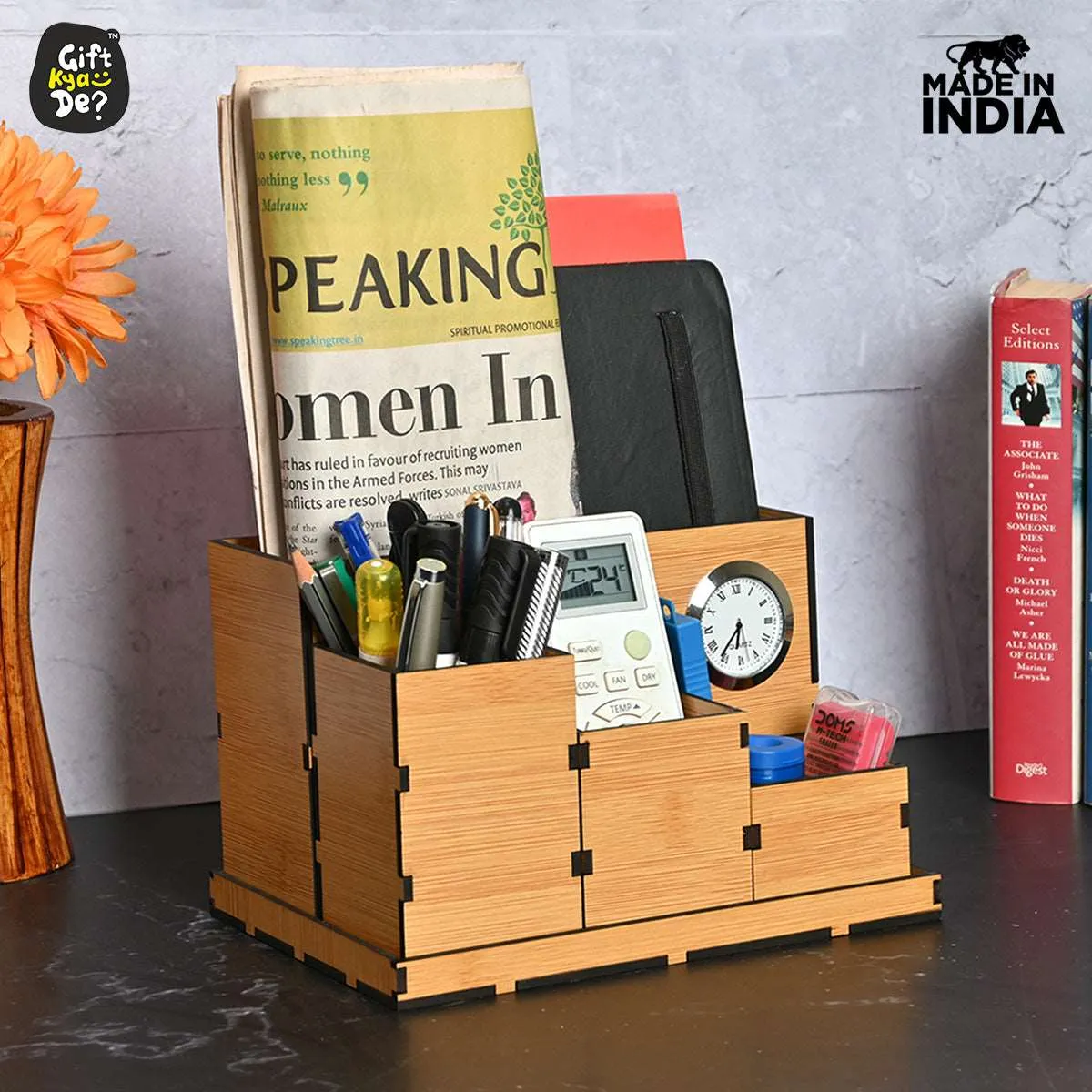 Wooden Multipurpose Desk Organizer | Table Clock | 4 Compartment Organizer