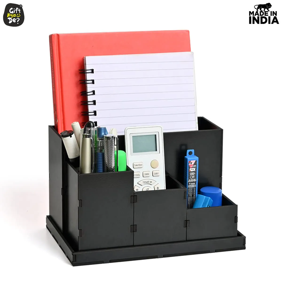 Wooden Multipurpose Desk Organizer | Table Clock | 4 Compartment Organizer