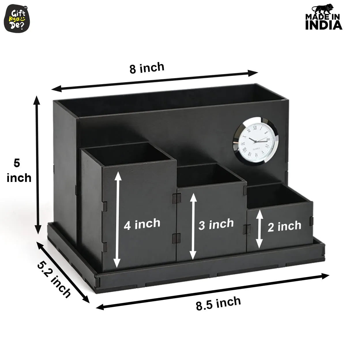 Wooden Multipurpose Desk Organizer | Table Clock | 4 Compartment Organizer