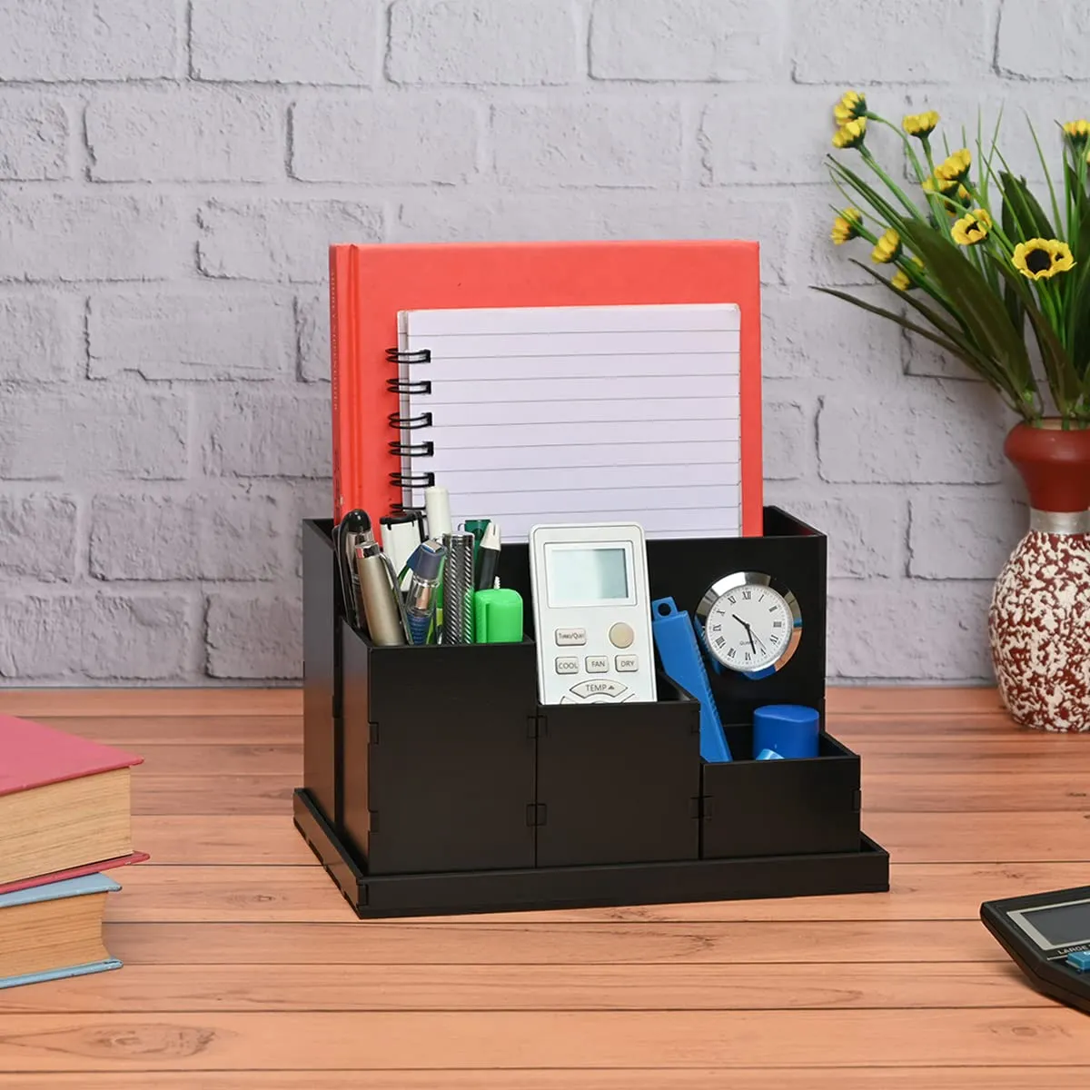 Wooden Multipurpose Desk Organizer | Table Clock | 4 Compartment Organizer