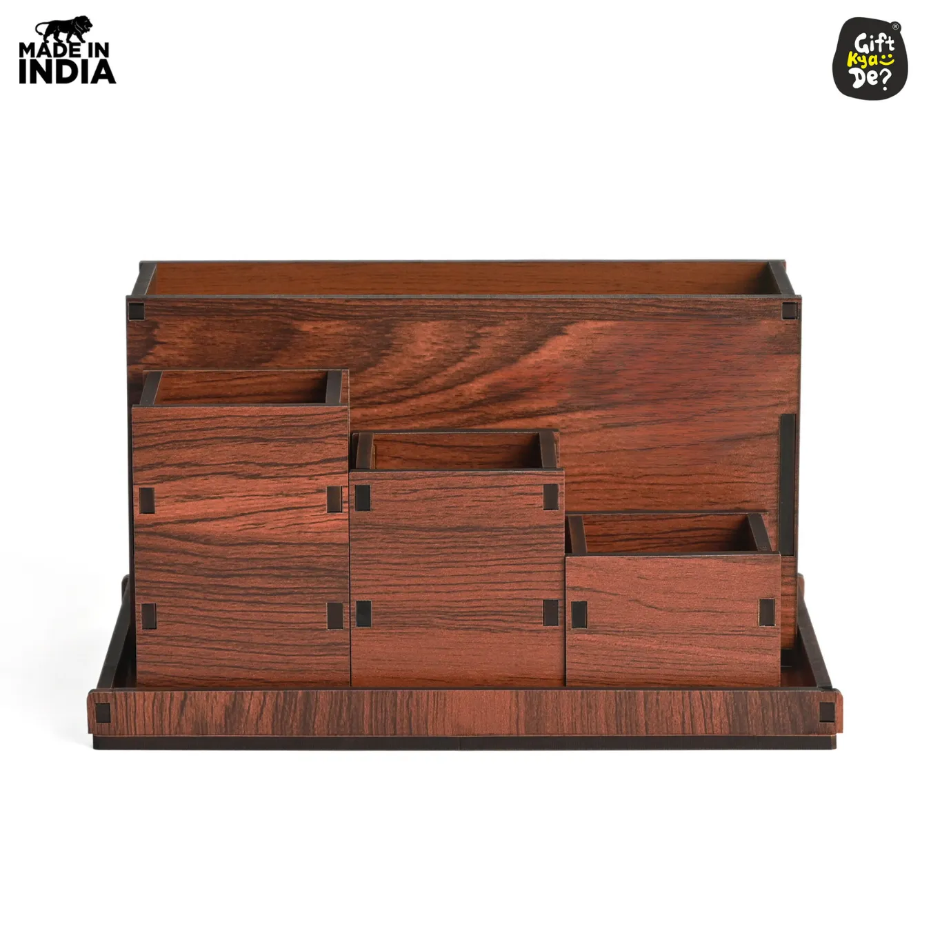 Wooden Multipurpose Desk Organizer | Table Clock | 4 Compartment Organizer