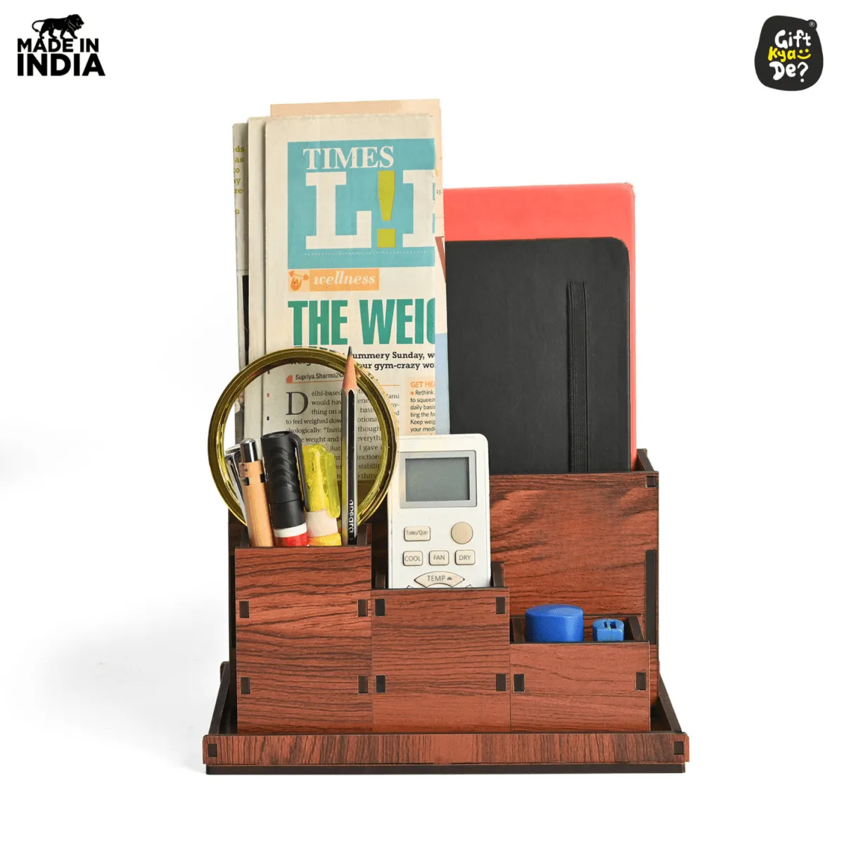 Wooden Multipurpose Desk Organizer | Table Clock | 4 Compartment Organizer