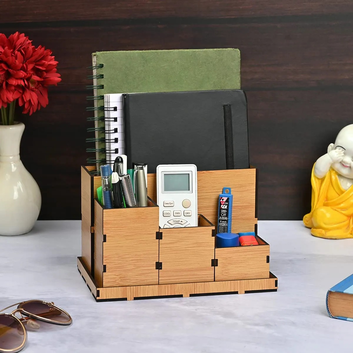 Wooden Multipurpose Desk Organizer | Table Clock | 4 Compartment Organizer