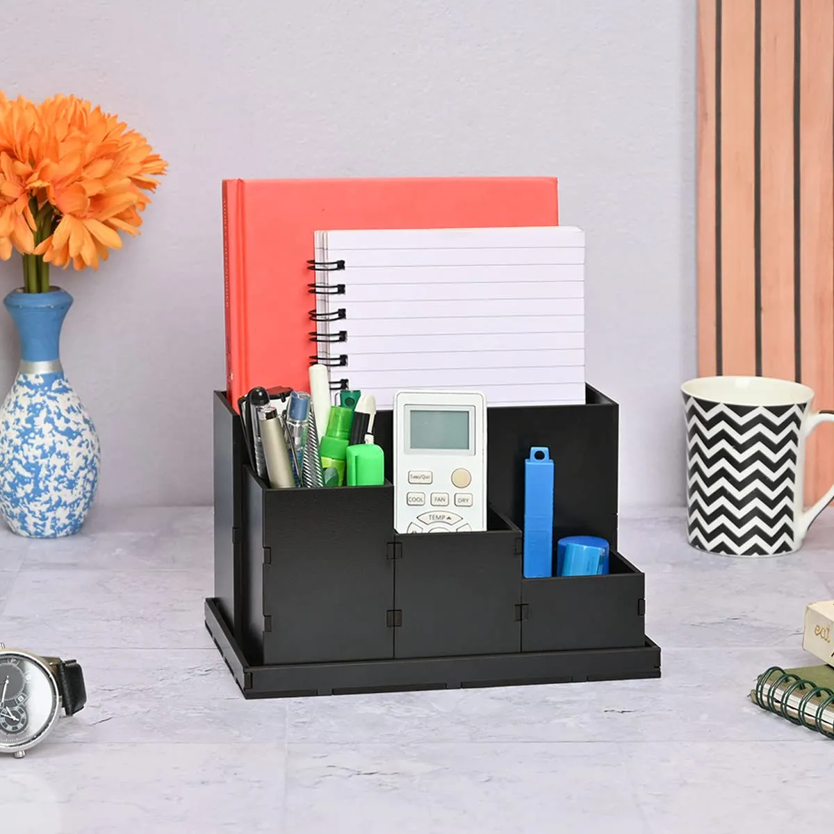 Wooden Multipurpose Desk Organizer | Table Clock | 4 Compartment Organizer