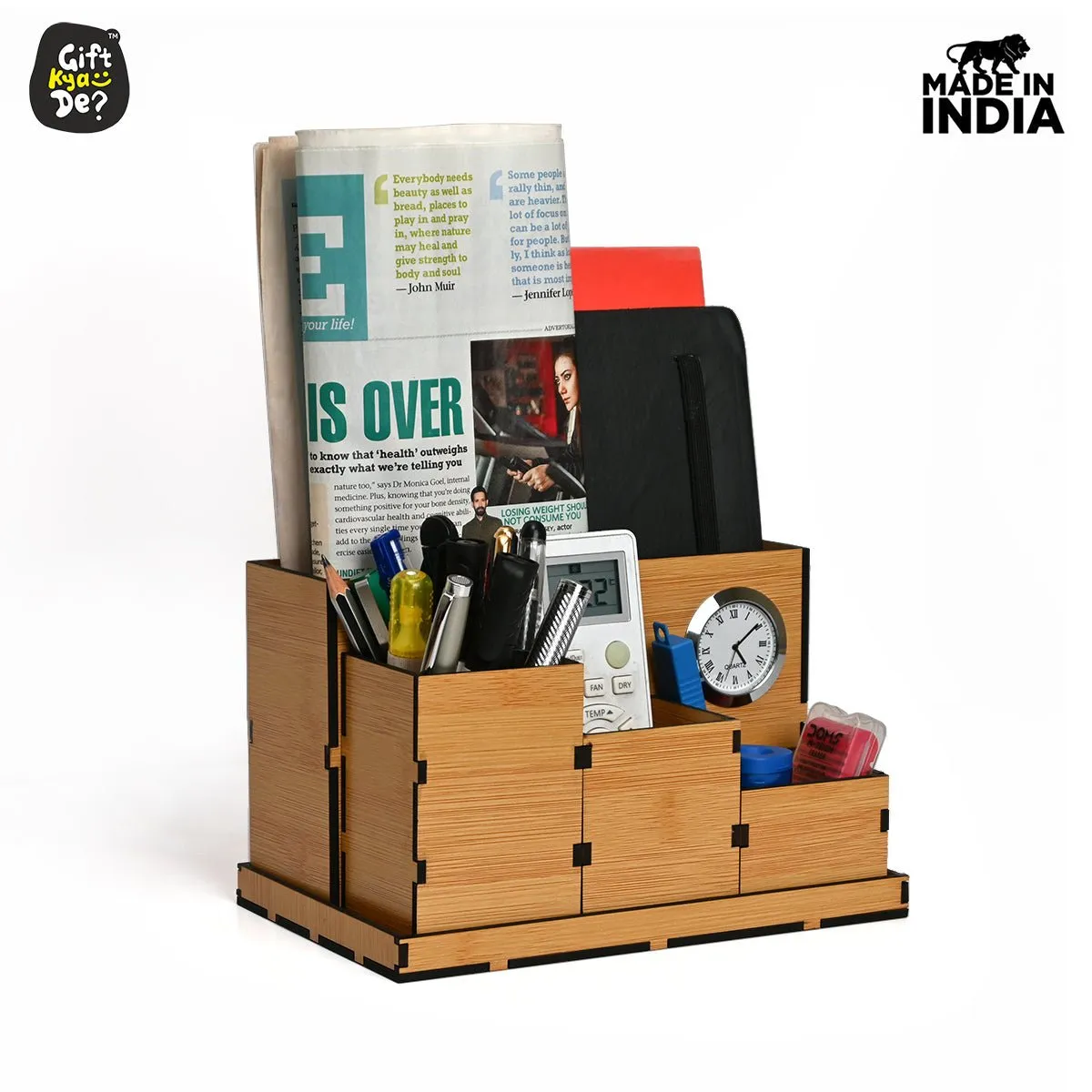 Wooden Multipurpose Desk Organizer | Table Clock | 4 Compartment Organizer