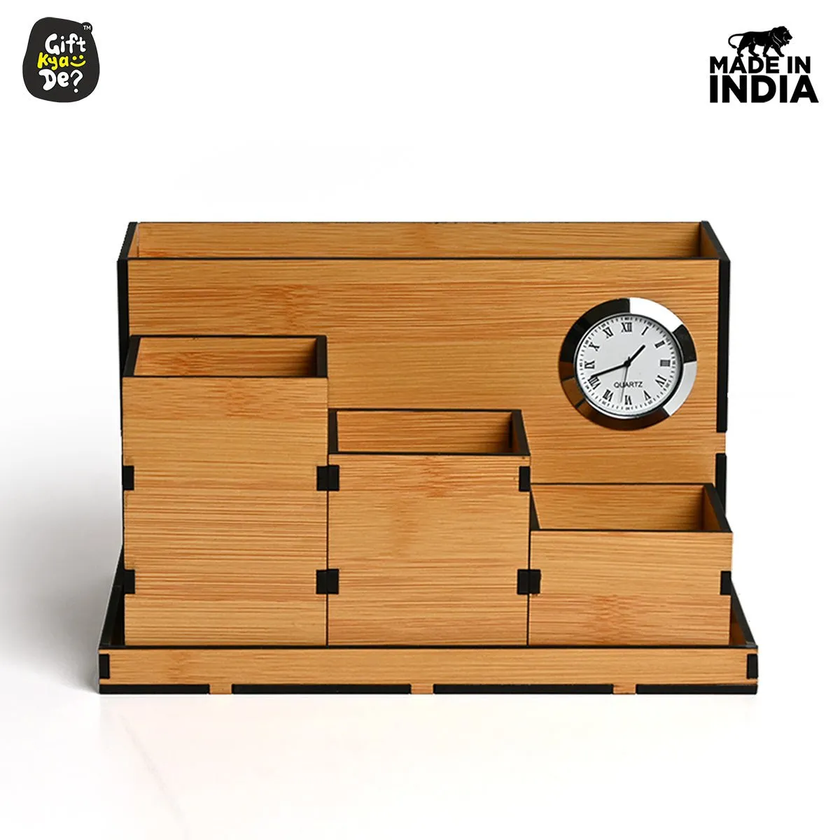 Wooden Multipurpose Desk Organizer | Table Clock | 4 Compartment Organizer