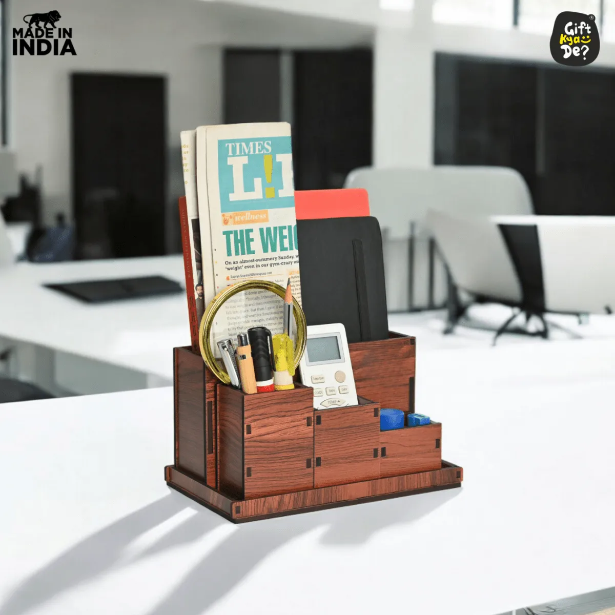 Wooden Multipurpose Desk Organizer | Table Clock | 4 Compartment Organizer