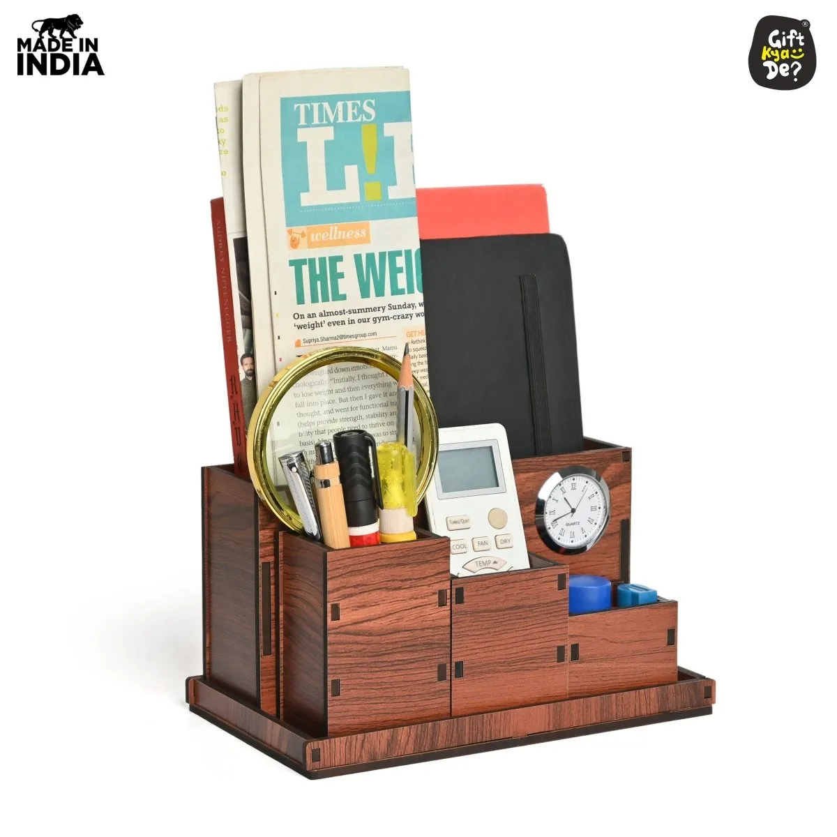 Wooden Multipurpose Desk Organizer | Table Clock | 4 Compartment Organizer
