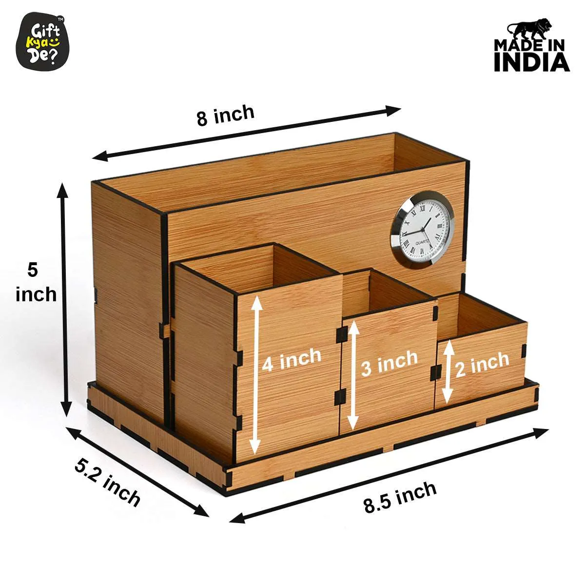 Wooden Multipurpose Desk Organizer | Table Clock | 4 Compartment Organizer