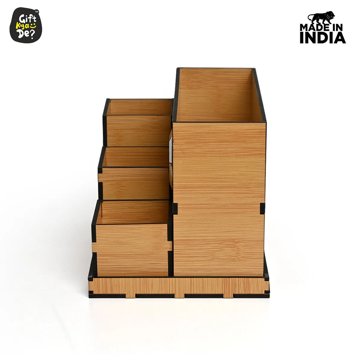 Wooden Multipurpose Desk Organizer | Table Clock | 4 Compartment Organizer