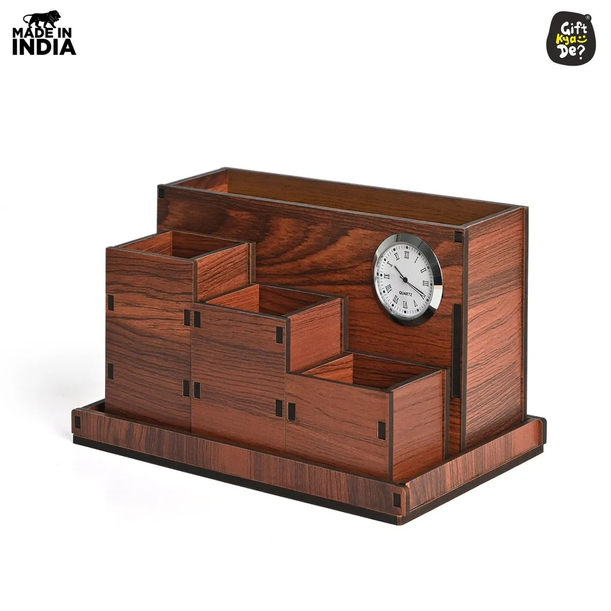 Wooden Multipurpose Desk Organizer | Table Clock | 4 Compartment Organizer