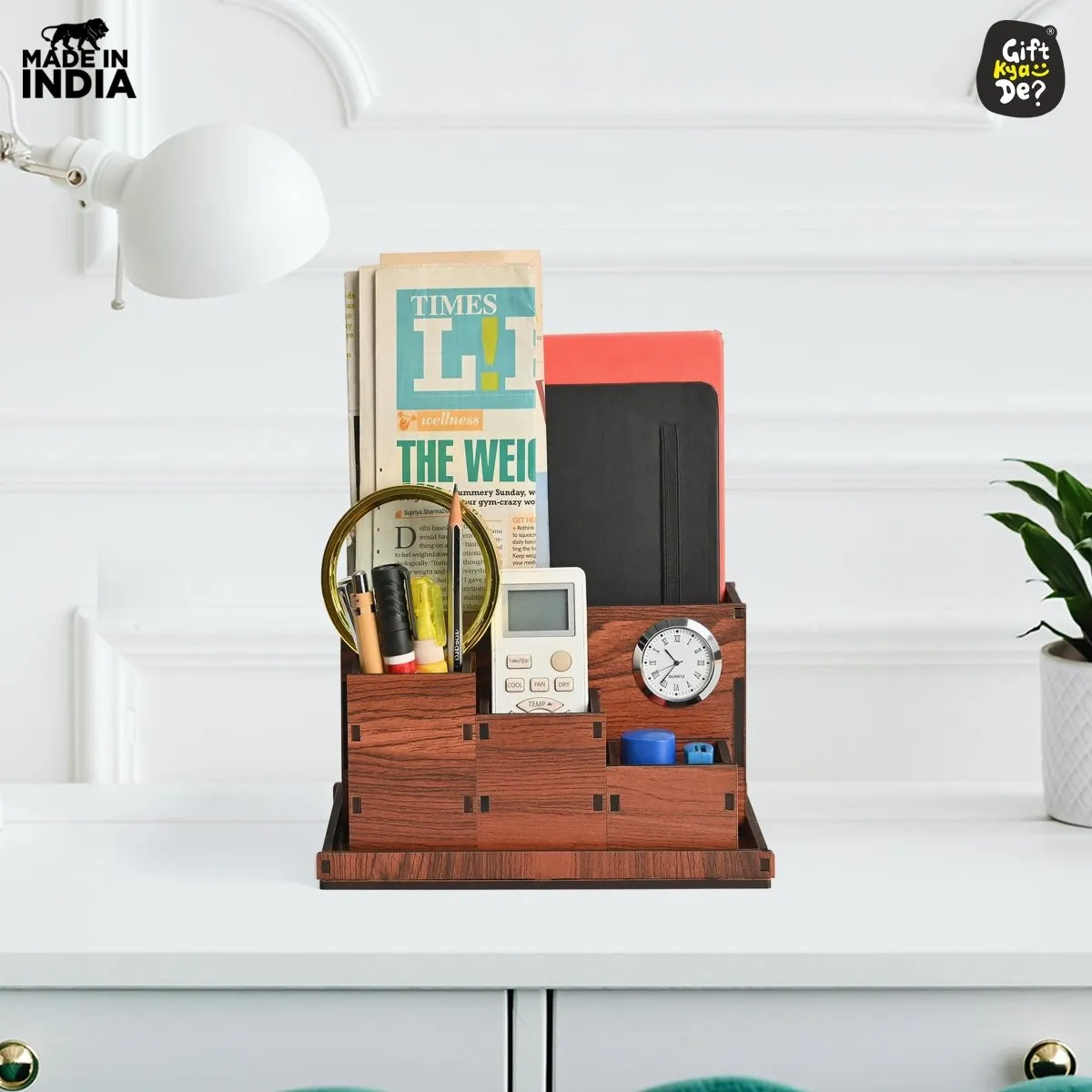 Wooden Multipurpose Desk Organizer | Table Clock | 4 Compartment Organizer