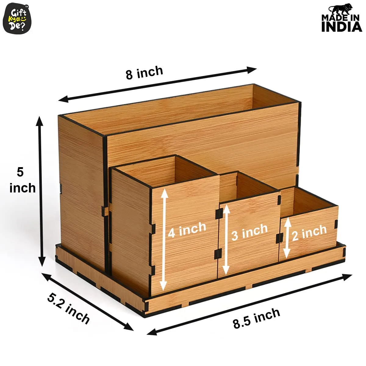 Wooden Multipurpose Desk Organizer | Table Clock | 4 Compartment Organizer