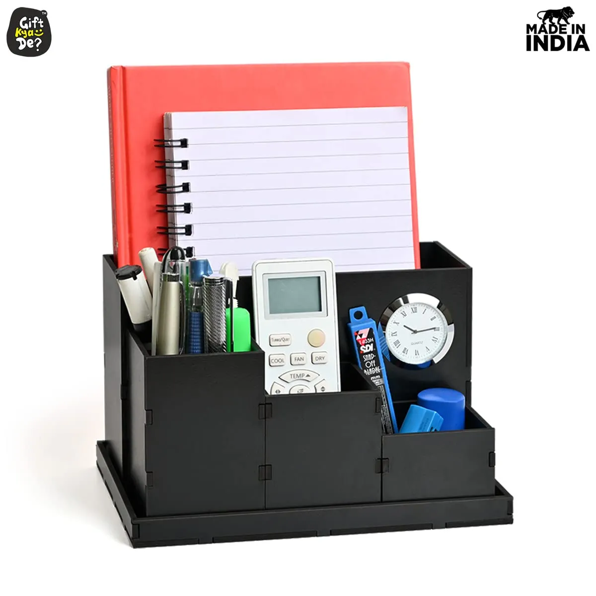 Wooden Multipurpose Desk Organizer | Table Clock | 4 Compartment Organizer