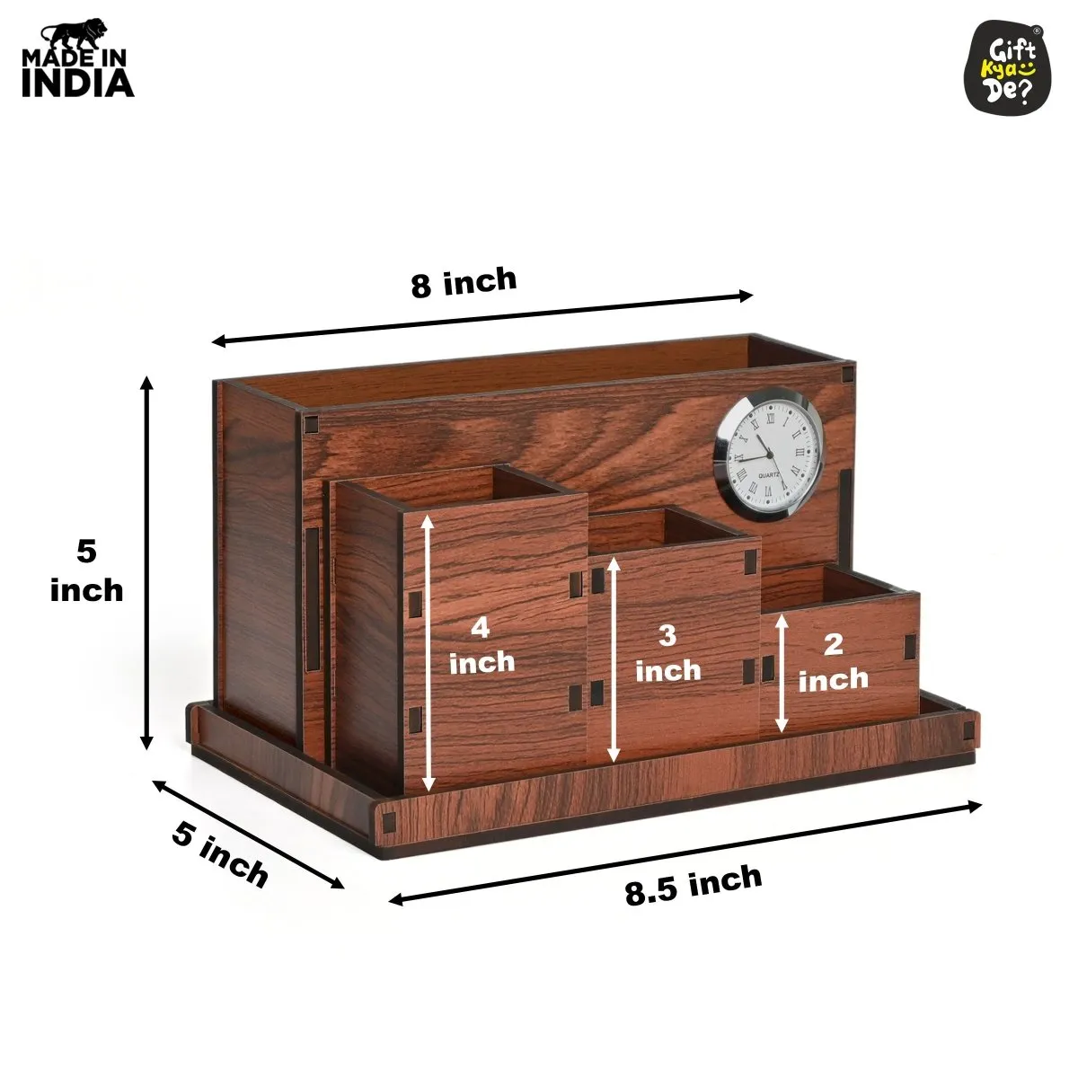 Wooden Multipurpose Desk Organizer | Table Clock | 4 Compartment Organizer
