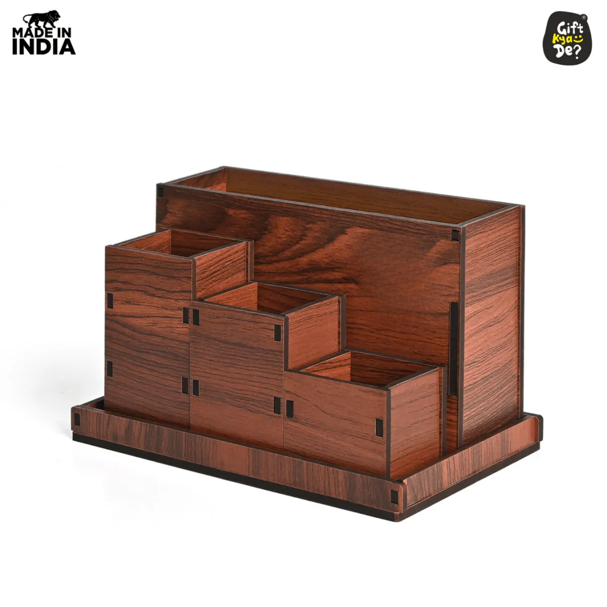 Wooden Multipurpose Desk Organizer | Table Clock | 4 Compartment Organizer