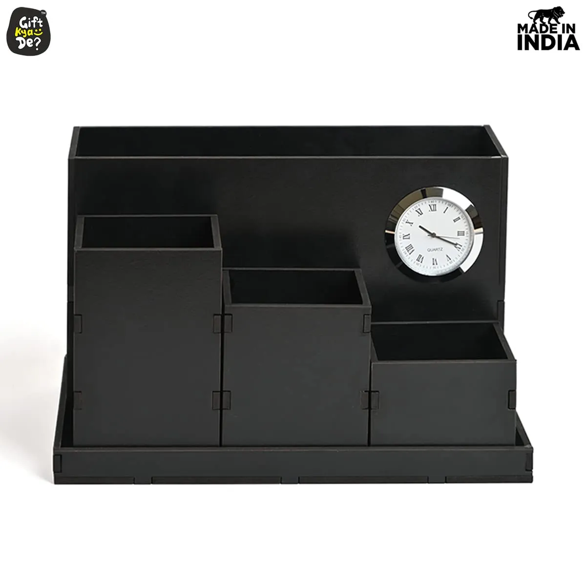 Wooden Multipurpose Desk Organizer | Table Clock | 4 Compartment Organizer