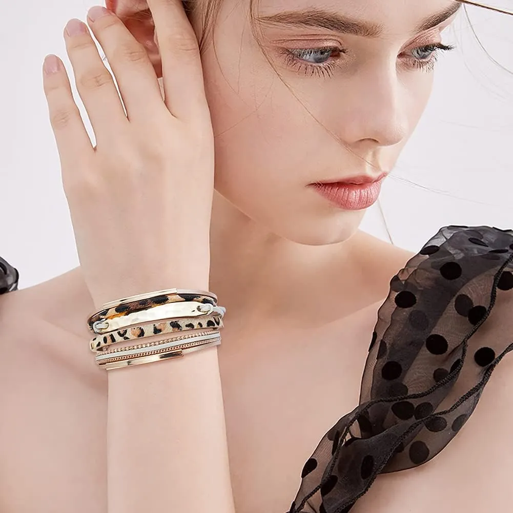 Wowanoo 3Pack Leather Cuff Bracelet Set Multilayer Wrap Bracelet Crystal Feather Tree Bracelet Magnetic Clasp Bracelet for Women