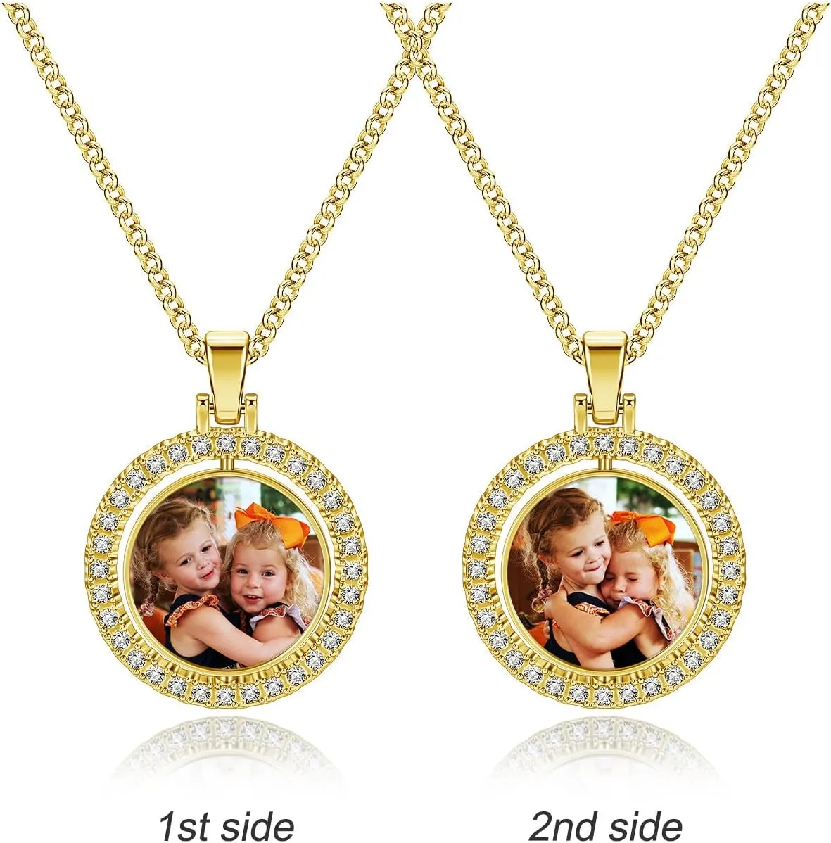 Zysta Personalized Picture Necklace Double Sided Photo Custom Memory Pendant Full Color Photo Engraved Rotating Necklace Hip Hop Jewelry for Men and Women