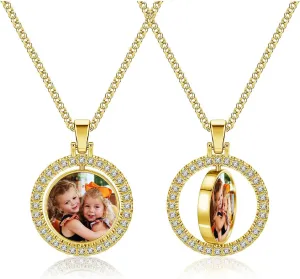 Zysta Personalized Picture Necklace Double Sided Photo Custom Memory Pendant Full Color Photo Engraved Rotating Necklace Hip Hop Jewelry for Men and Women